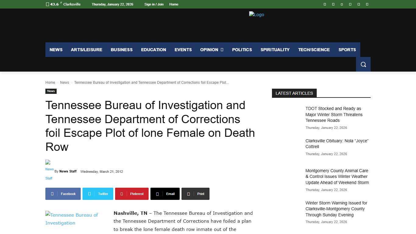 Tennessee Bureau of Investigation and Tennessee Department of Corrections foil Escape Plot of lone Female on Death Row - Clarksville Online - Clarksville News, Sports, Events and Information